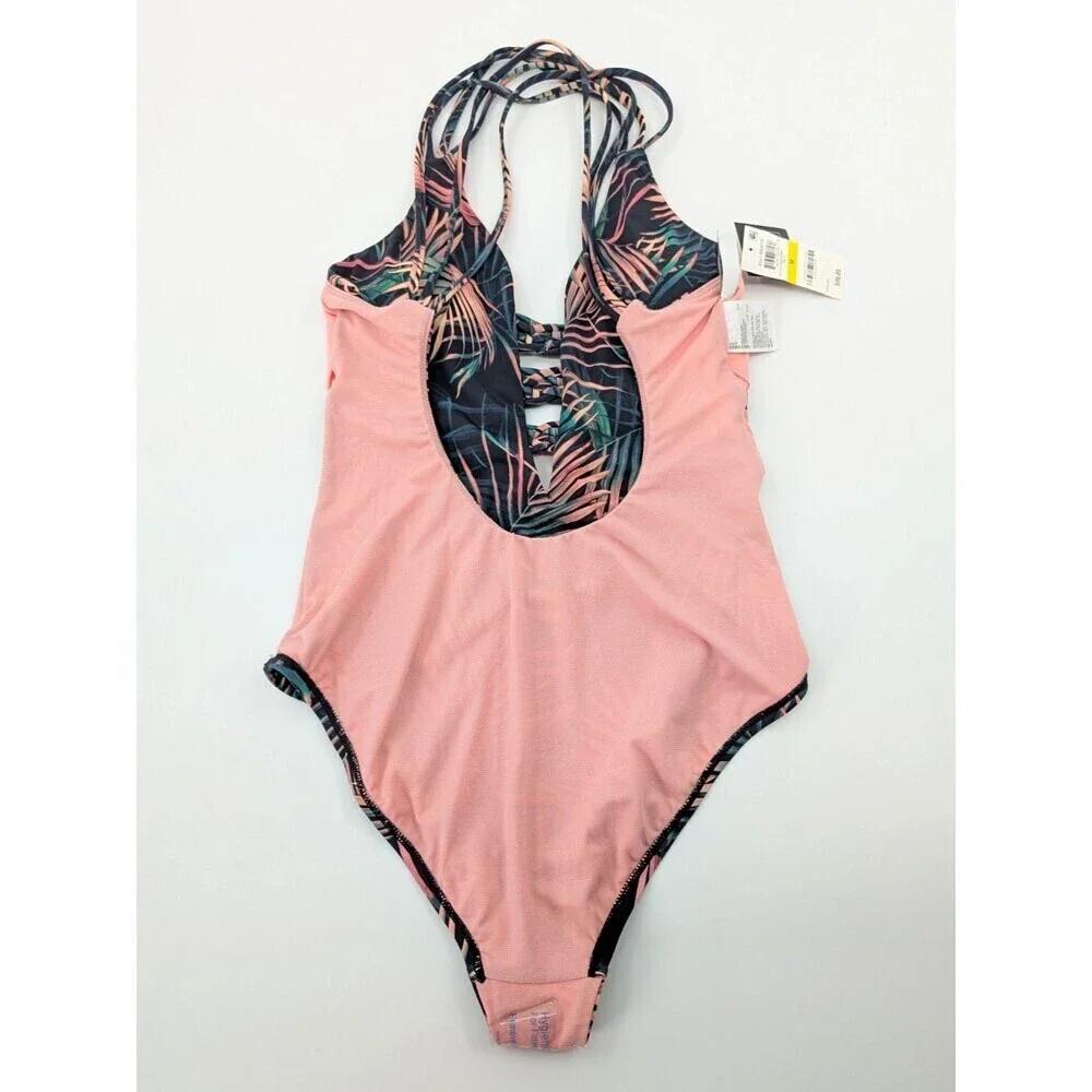 Bar III Swimsuit Women Medium One Piece Plunge Green Tropical Criss Cross Straps